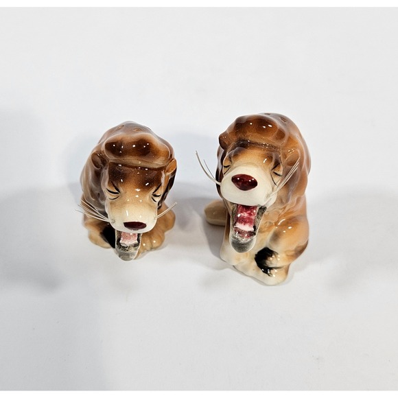 Vintage Yawning Lion Salt and Pepper Shakers Ceramic Japan Brown Mid Century - Picture 2 of 9